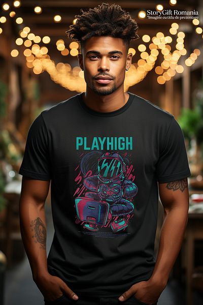 StoryGift Romania Men's T-Shirt With Man In Astronaut Suit In Space Playing On Computer, Left Handed Controller
