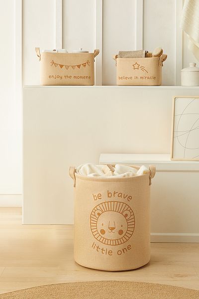 Ocean Home Textile Pachet de 3 pentru camera copiilor Cute Lion Jute Linen Jucării Organizator Coș multifuncțional, Coș de depozitare