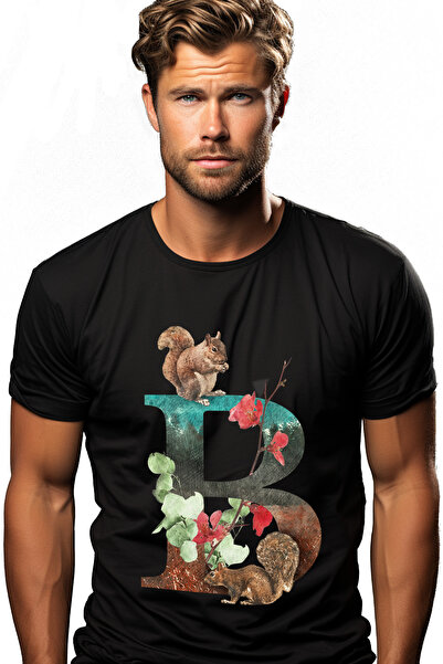 StoryGift Romania Tricou bărbătesc cu litera B, veverițe, flori, frunze, cu i...