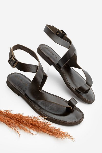 Marjin Damen-Sandalen aus echtem Leder – Flip-Flops, Knöchelriemen, lässig, Vidor Brown