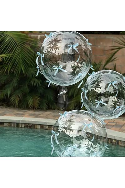 PartyPoo 3Pcs Transparent Bobo Balloon with Blue Bow 18 Inch Party Wedding Nikah Ornament Birthday Decoration