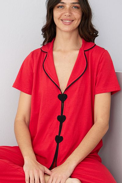 Siyah İnci Red Heart Piping Detailed Knitted Pajama Set7891