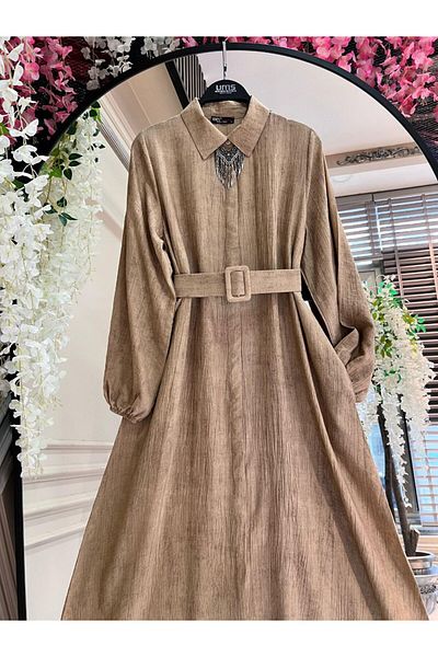 PİNK FLY Shirt Collar Hidden Button Belted Dress