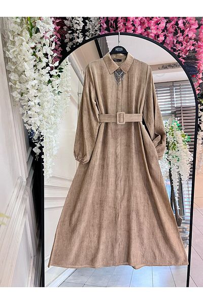 PİNK FLY Shirt Collar Hidden Button Belted Dress