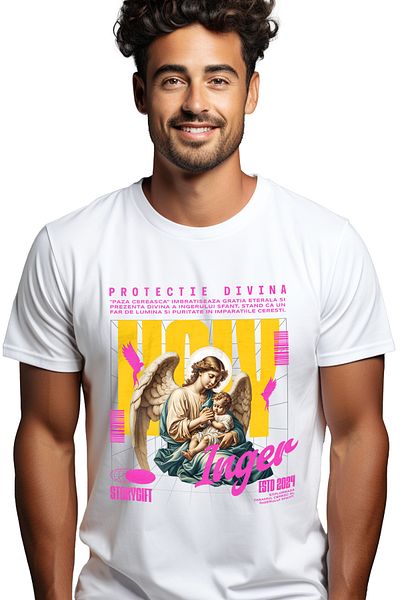 StoryGift Romania Tricou Barbati Protectie Divina - Ingerul Pazitor Cu Imprimeu Pe Fata, 100% Bumbac, Alb, Stg