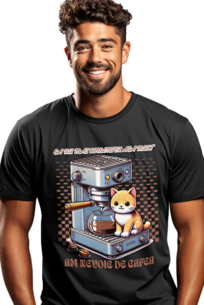 StoryGift Romania Tricou Barbati Pisica Pe Aparatul De Cafea, Iubitorii De Ca...