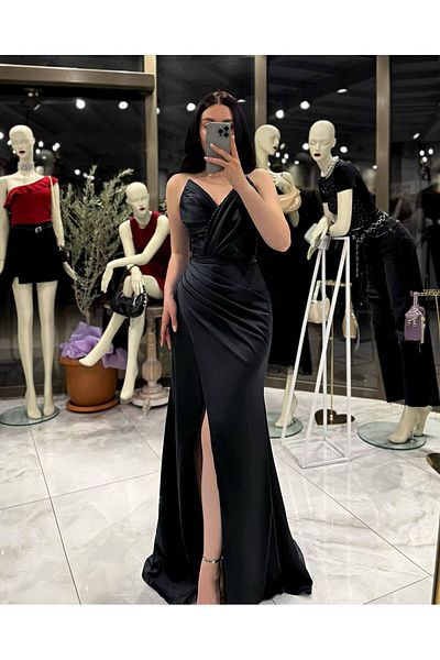 missswans Sara Sweetheart Neckline Front Beaded Satin Long Evening Dress Black