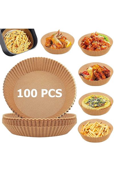 MACVI Set 100 hartii de copt rotunde Macvi® pentru Air Fryer, maro, 16x20x4.5 cm