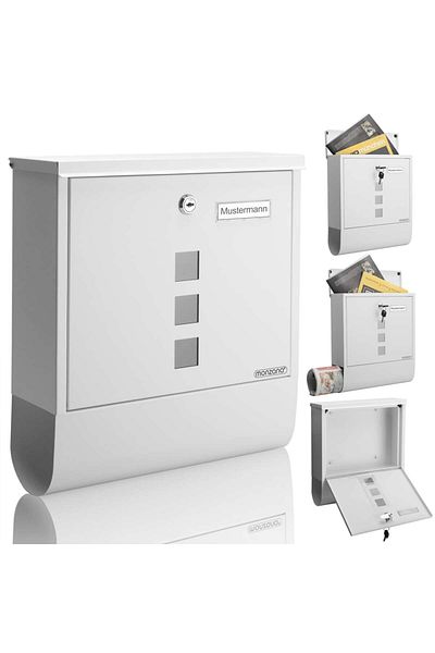 Deuba Mailbox, stainless steel, 2 keys, protective flap, nameplate holder, white