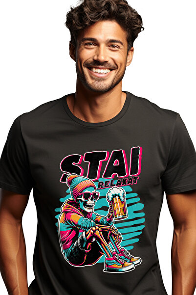 StoryGift Romania Tricou Barbati Schelete Cu Bere Si Ochelarii Stai Relaxat C...