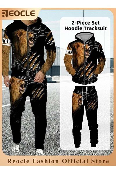 REOCLE Men's 2 Pcs Hoodie Set Sweatshirt Suit 3D Printed Long Sleeve Hoodie Trackpant Casual Suit