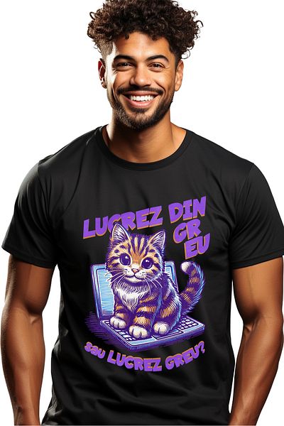 StoryGift Romania Tricou Barbati Pisica Laptop Cu Mesaj Haios Lucrez Din Greu Cu Imprimeu Pe Fata, 100% Bu Stg