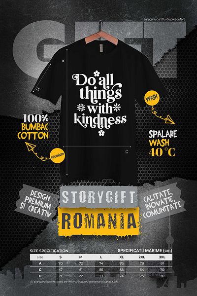 StoryGift Romania Men's T-shirt with orange flowers and the text "Do all things with kindness" with print