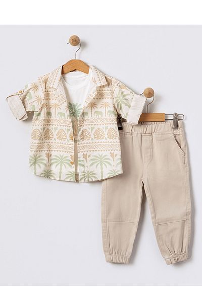 Bebüş Cămașă cu model pentru băiat, tricou imprimat și pantaloni bej, set 3 piese 15912