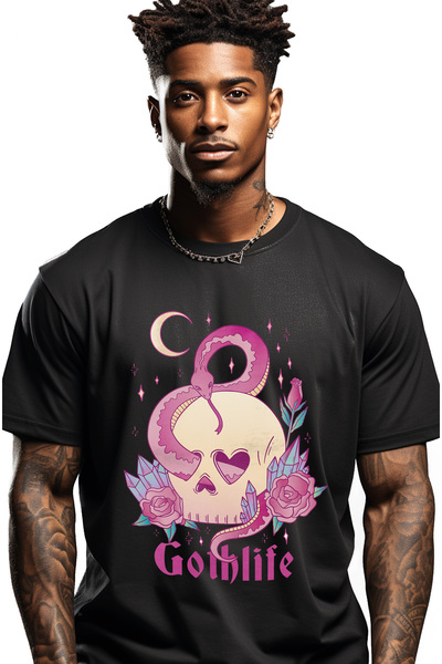 StoryGift Romania Tricou Barbati Cu Mesaj In Engleza Goth Life, Craniu, Sarpe...