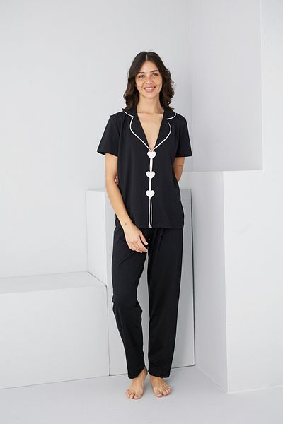 Siyah İnci Black Heart Piping Detailed Knitted Pajama Set7891