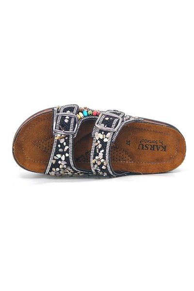 soElite Orthopedic Sole Stone Bead Embroidered Double Buckle Sea Pool Beach Daily Women's Slippers