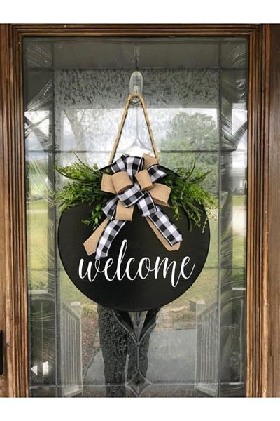 HaliseDerin Στολίδι πόρτας Welcome Welcome Μαύρο δώρο Εξωτερική πόρτα με κορδέλα - Στολίδι πόρτας σπιτιού