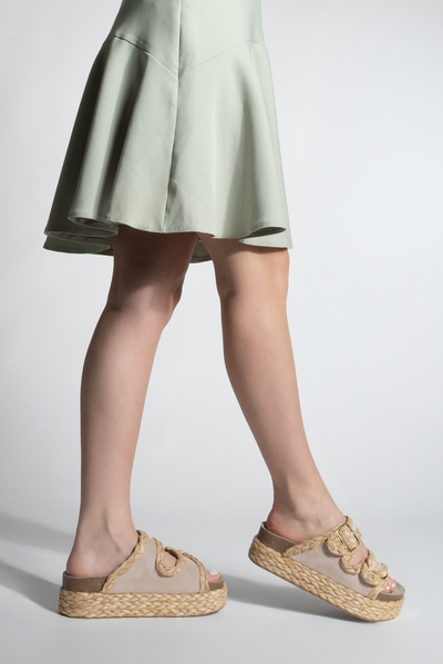 Marjin Damen-Hausschuhe aus echtem Leder mit dicker Strohsohle und doppeltem Band, geflochten, Barno Beige Wildleder