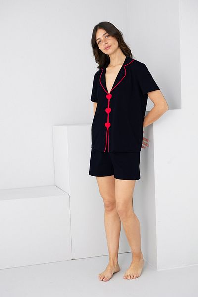 Siyah İnci Black Red Heart Piping Detailed Knitted Shorts Set7890
