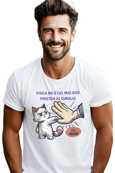 StoryGift Romania Tricou Barbati Pisica Batand Palma Cu Un Om, Text Haios Pis...