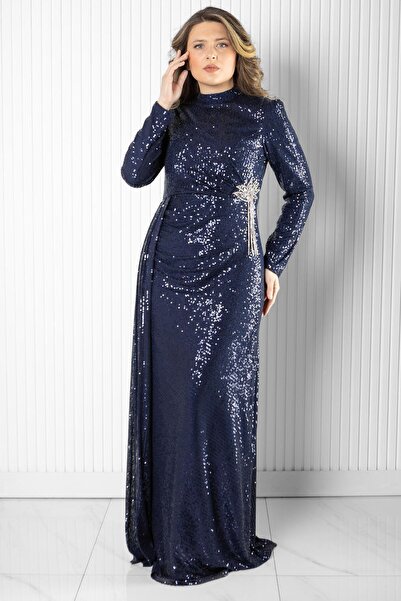 DENİMİNİ Pul Payetli Abiye Elbise Lacivert DNM2524