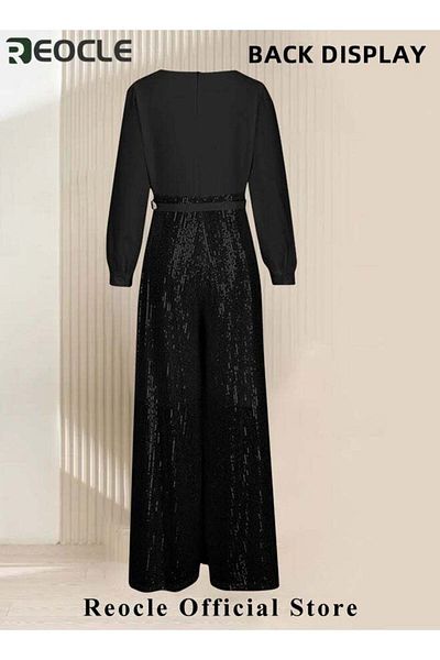 REOCLE Women's Jumpsuit Shiny Sequin Rompers with Wide Belt & Wide Leg Trousers & V-neck Design