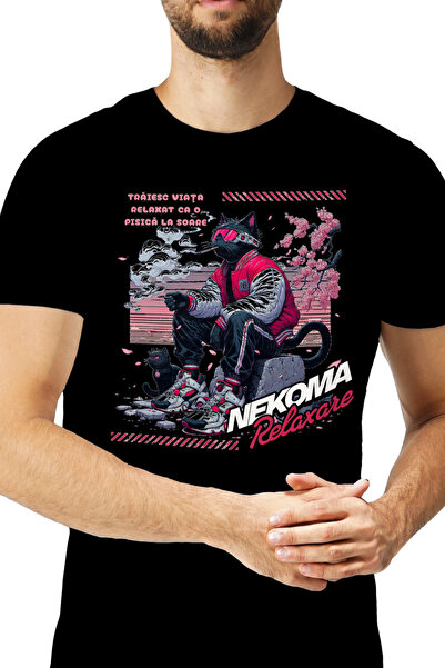 StoryGift Romania Tricou Barbati Pisica Cu Ochelarii De Soare Relaxare Nekoma...