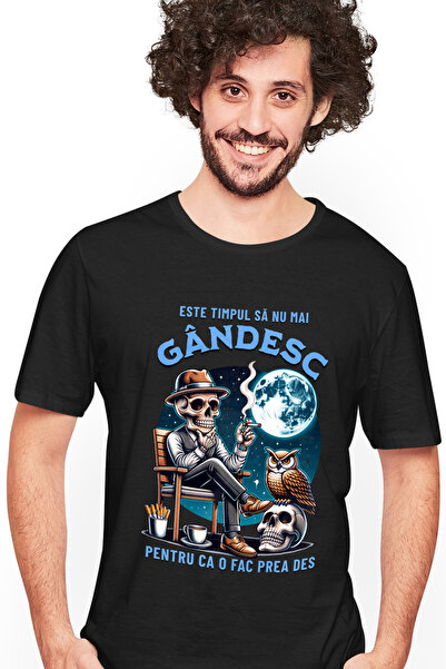 StoryGift Romania Tricou Barbati Schelete Imbracat In Costum Fumand, Luna Plina Cu Imprimeu Pe Fata, 100% Bu Stg