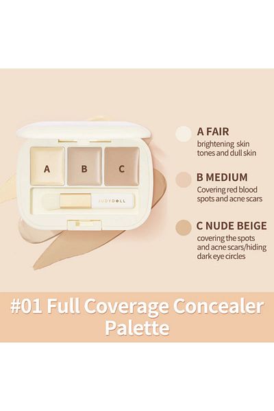 JUDYDOLL Concealer makeup palette with three shades, Judydoll #01 Full Coverage