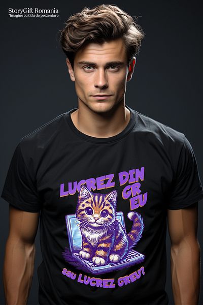 StoryGift Romania Tricou Barbati Pisica Laptop Cu Mesaj Haios Lucrez Din Greu Cu Imprimeu Pe Fata, 100% Bu Stg