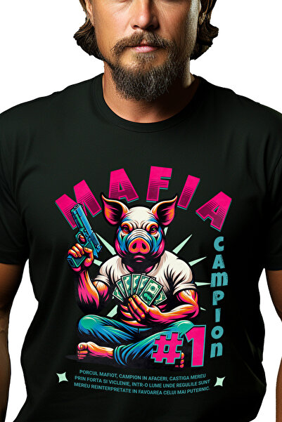 StoryGift Romania Tricou Barbati Porcul Mafiot Campion Cu Pistol Si Dolari Am...