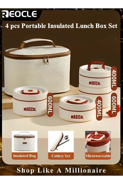 REOCLE Bento Box Adult Lunch Box Set 4 Pack Portable Insulated Lunch Containers