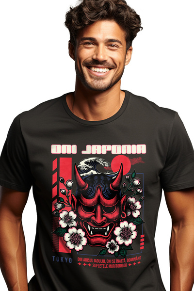 StoryGift Romania Tricou Barbati Masca Traditionala Diavol Oni Japonia Cu Imp...