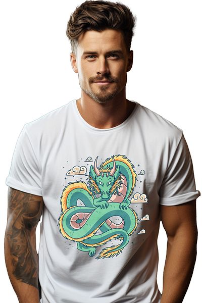 StoryGift Romania Tricou Barbati Cu Dragon, Nori, Asiatic, Stele, cu imprimeu pe Fata, 100% Bumbac, Alb, S