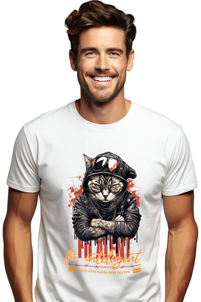 StoryGift Romania Tricou Barbati Pisica Ganster Cu Ochelarii, Text Fii Aternt...