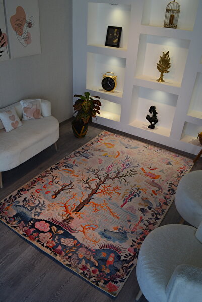 Rugs Modern Halı Dido 2 Koleksiyonu Çok Renkli Soyut Ağaç Ve Kuş Desenli Saçaklı Vintage Dekoratif Halı 3256