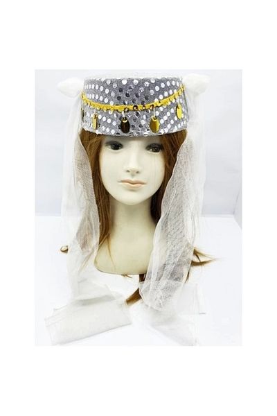 PRATİKOBA Gold Sequin Embroidered Henna Fesi with White Veil