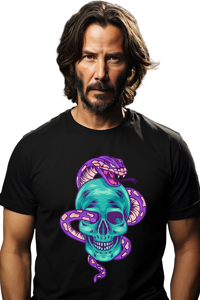 StoryGift Romania Tricou Barbati Cu Sarpe, Craniu, Colti, Dinti, Pete, Reptil...