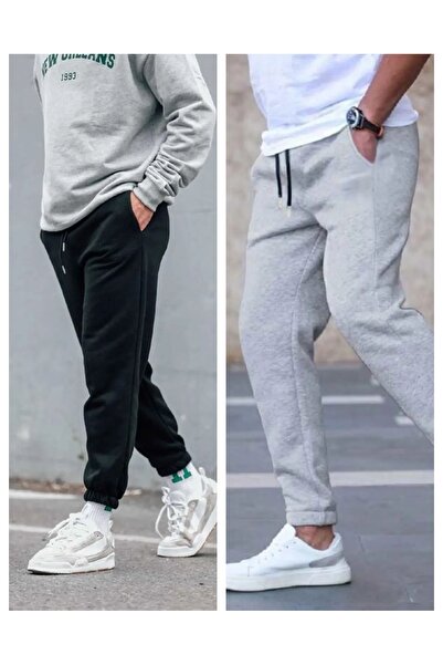 FİTGO Pantaloni de trening unisex gri-negru, cu 3 fire, cu elastic la picior,...