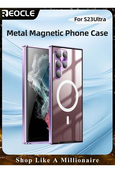 REOCLE Phone Case Drop-Resistant Metal Shell Frosted Semi-Transparent Phone Case for Samsung S23 Ultra
