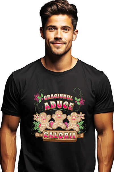 StoryGift Romania Men's T-Shirt Christmas Brings Calories Gingerbread Men With Front Print, 100% Cotton