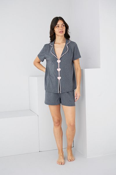 Siyah İnci Anthracite Heart Piping Detailed Knitted Shorts Set7890