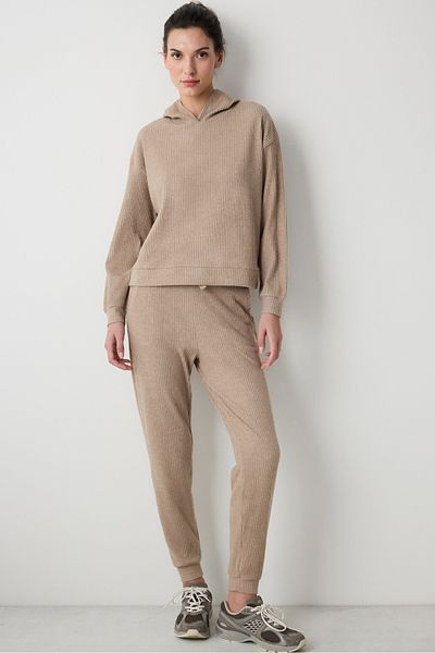 Penti Beigefarbenes, geripptes, weiches Sweatshirt mit Kapuze