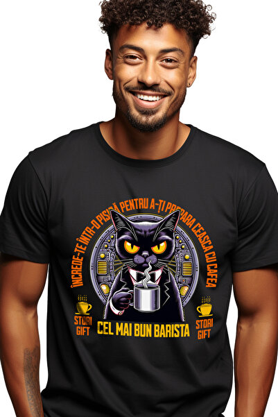 StoryGift Romania Tricou Barbati Pisica In Costum Cu Cafea Cel Mai Bun Barist...
