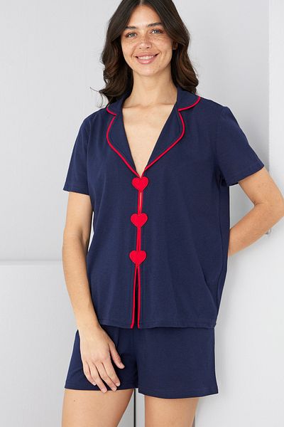 Siyah İnci Navy Blue Hearted Piping Detailed Knitted Shorts Set7890