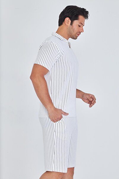 TRENDHİLL Ανδρικό γιακά ριγέ μπλουζάκι από πολυβαμβάκι Σορτς Σετ δύο τεμαχίων Μπεζ 5733-B