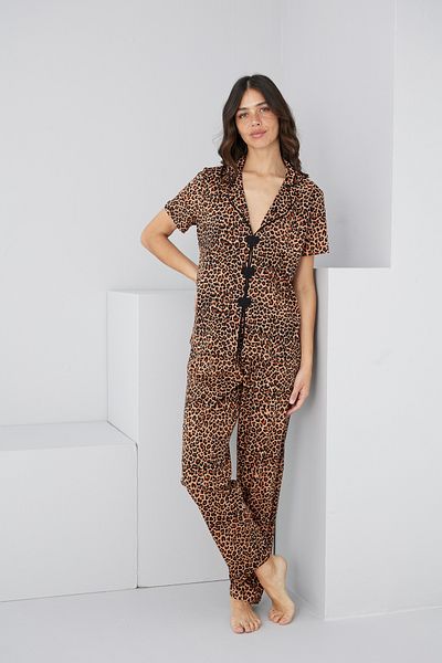 Siyah İnci Leopard Print Heart Piping Detailed Knitted Pajama Set7891