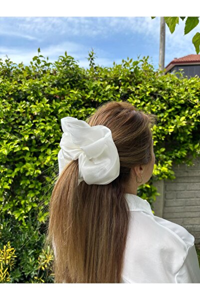 KİKİYS Parlak Beyaz XXL Saç Tokası Kadın Saç Aksesuarı Scrunchie Gelin Saç To...