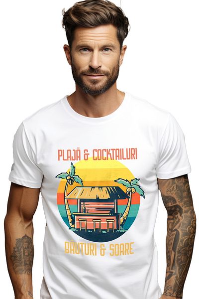 StoryGift Romania Tricou Barbati Plaja Si Cocktailuri Bauturi Si Soare Cu Imprimeu Pe Fata, 100% Bumbac, Stg